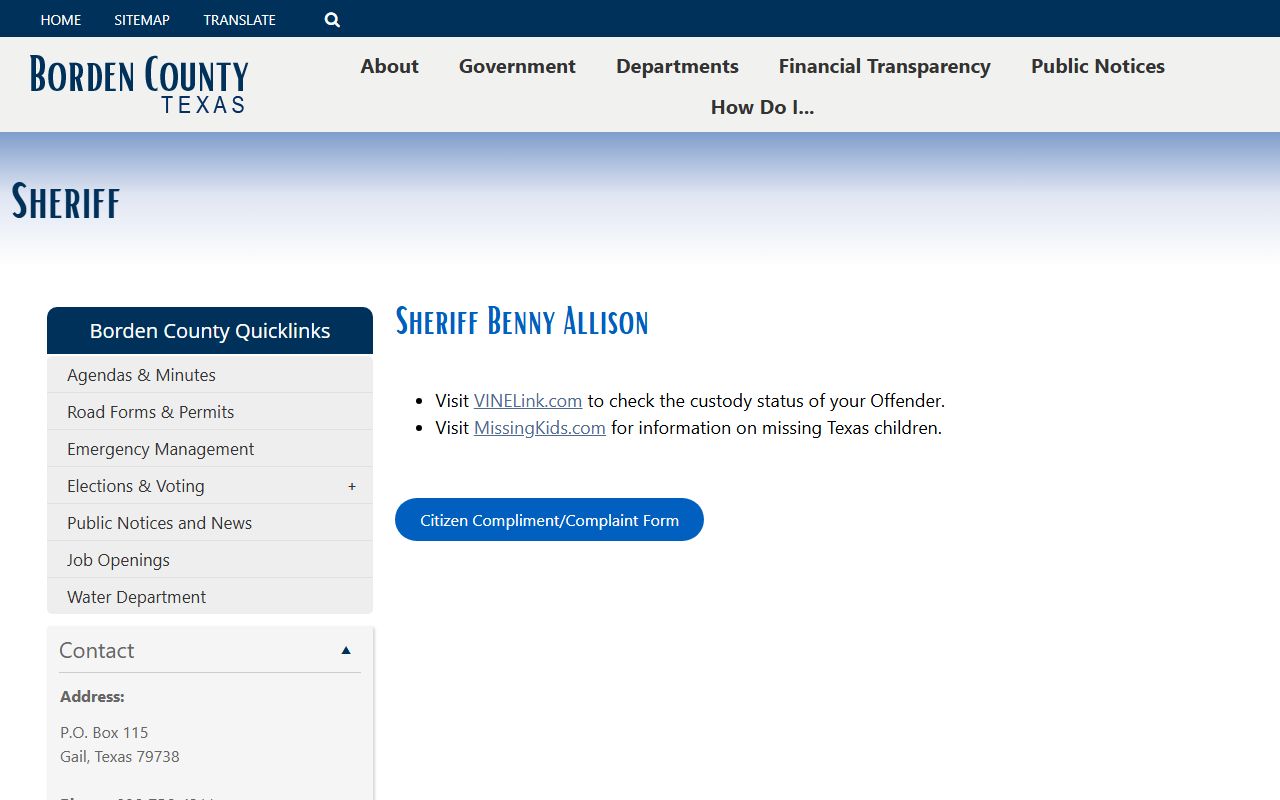 Borden County inmate search sheriff contact screenshot