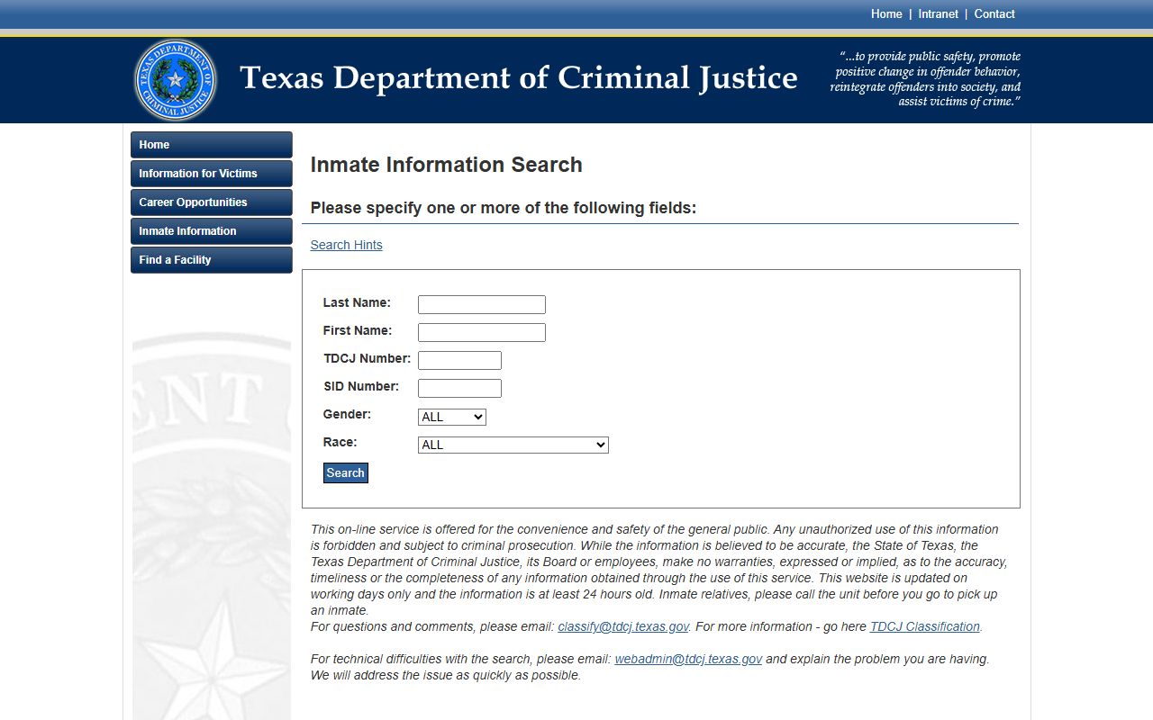 Borden County inmate population TDCJ offender search screenshot